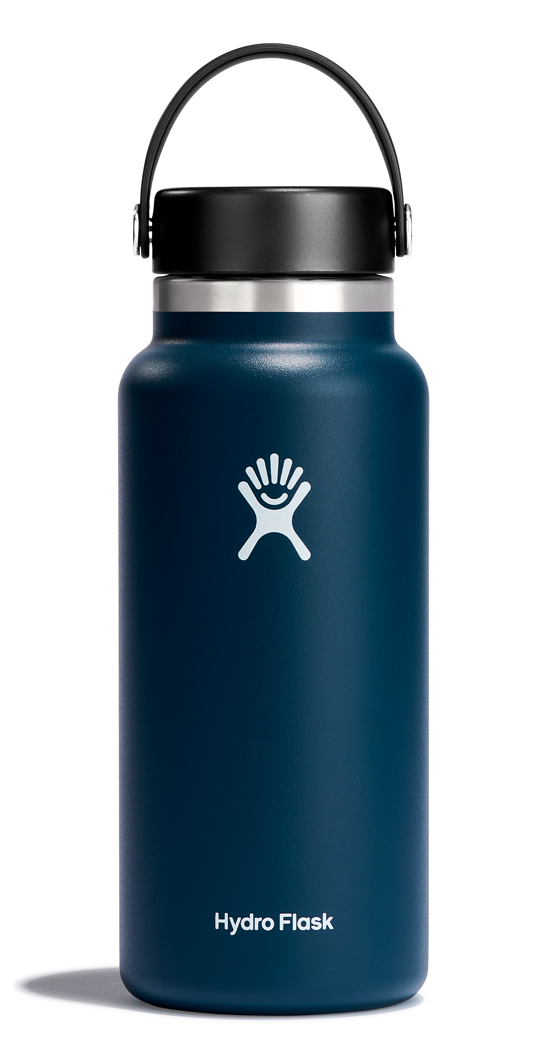 Hydro Flask Wide Mouth Insulated Water Bottle in navy blue with Flex Cap, ideal for keeping drinks cold or hot.